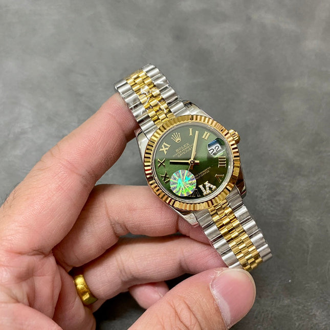 DATEJUST 31MM GOLD STEEL DIAMOND NUMERALS GREEN DIAL