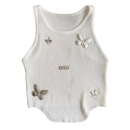Miu Butterfly Embroidered Ribbed Tank Top