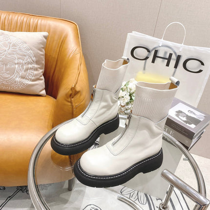 BOTTEGA VENETA 26S PLATFORM ANKLE BOOTS IN OFF WHITE KNIT FABRIC AND CALFSKIN
