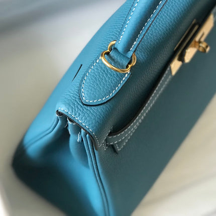 HERMES KELLY BAG 25CM IN BLUE TOGO LEATHER WITH GOLD HARDWARE