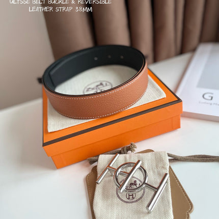 ULYSSE BELT BUCKLE & REVERSIBLE GINGER ORANGE LEATHER STRAP 38MM SILVER HARDWARE