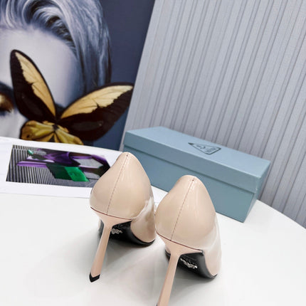 PRADA 26S PUMPS STILETTO HEEL 95MM IN NUDE BEIGE METAL TIP CALFSKIN