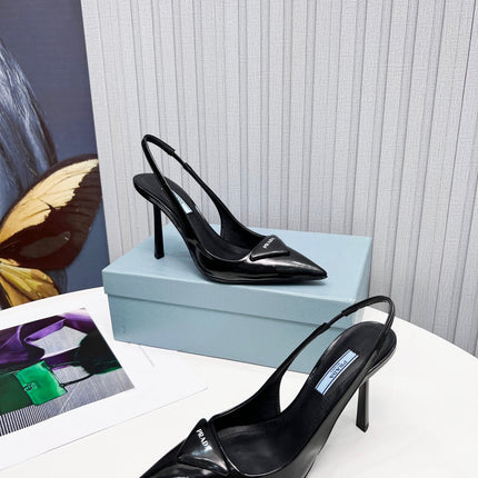 PRADA 26S SLINGBACK PUMPS STILETTO HEEL 95MM IN BLACK PATENT CALFSKIN LOGO
