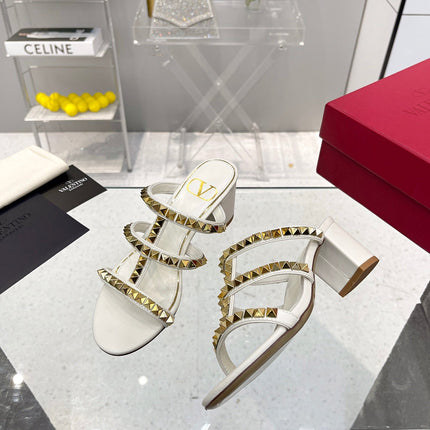 VALENTINO 26S ROCKSTUD STRAPPY BLOCK HEEL SLIDE SANDALS IN WHITE CALFSKIN GOLD HARDWARE