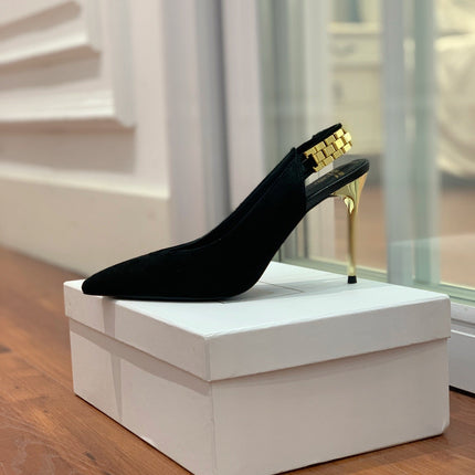 BALMAIN 26S SLINGBACK 95 MM IN BLACK SUEDE WITH GOLD HARDWARE