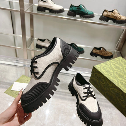 GUCCI 26S LACE-UP SHOES IN CREAM AND BLACK GG CANVAS