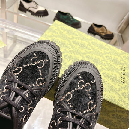 GUCCI 26S LACE-UP SHOES IN BLACK VELVET WITH GG LOGO PATTERN