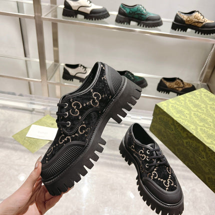 GUCCI 26S LACE-UP SHOES IN BLACK VELVET WITH GG LOGO PATTERN