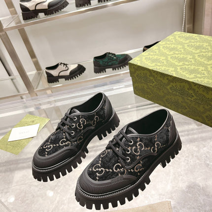GUCCI 26S LACE-UP SHOES IN BLACK VELVET WITH GG LOGO PATTERN