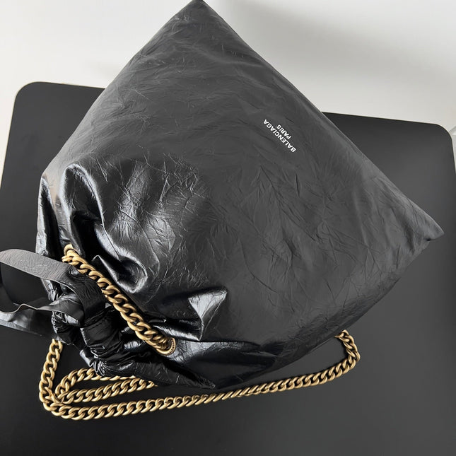 CRUSH LARGE TOTE BAG 46 IN BLACK CRUSHED CALFSKIN GOLD HARDWARE