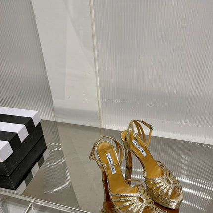 AQUAZZURA 26S HEELED SANDALS 130 MM IN GOLD SNAKE-EMBOSSED LEATHER