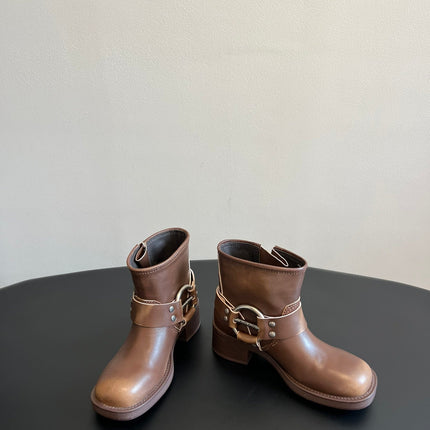 MIUMIU 26S ANKLE BOOTS IN BROWN CALFSKIN SILVER HARDWARE