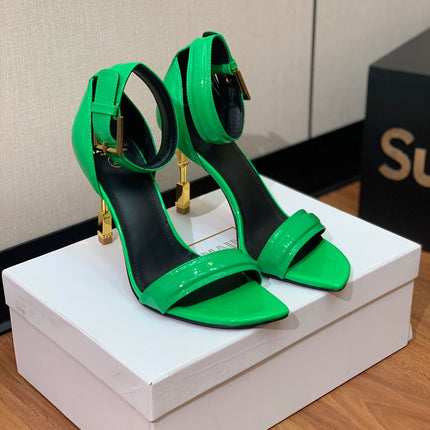 BALMAIN 26S METAL-HEEL SANDALS 105 MM IN GREEN CALFSKIN