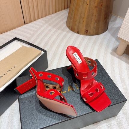 ALAIA TWO-STRAPS HIGH HEEL SANDALS IN CHERRY RED PATENT LAMBSKIN