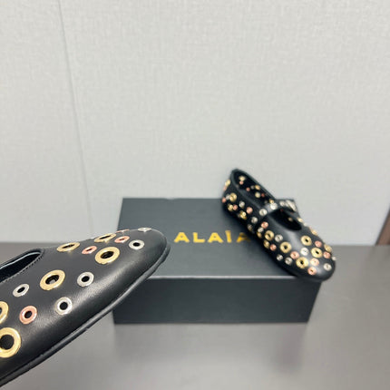 ALAIA MARY JANE SHOES IN BLACK LAMBSKIN GOLD MIX SILVER HARDWARE