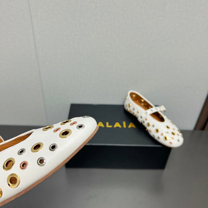 ALAIA MARY JANE SHOES IN WHITE LAMBSKIN GOLD MIX SILVER HARDWARE