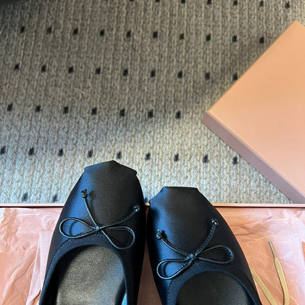 MIUMIU 26S BALLET MULES IN BLACK SATIN WITH BOW