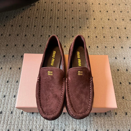 MIUMIU 26S LOAFERS IN AUBURN BROWN SUEDE