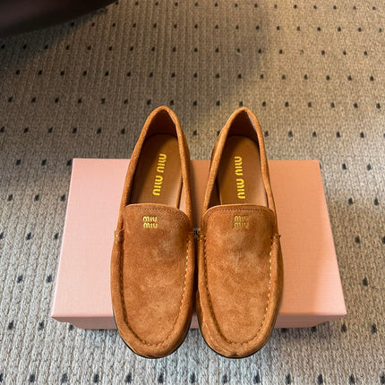 MIUMIU 26S LOAFERS IN CARAMEL BROWN SUEDE
