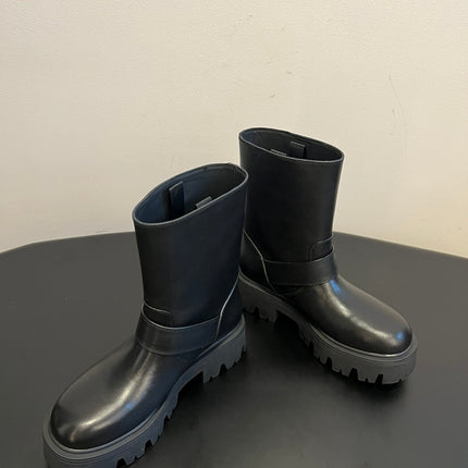 PRADA 25S PLATFORM ANKLE BOOTS IN BLACK CALFSKIN WITH SILVER HARDWARE