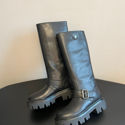 PRADA 25S HIGH-CUT PLATFORM BOOTS IN BLACK CALFSKIN WITH SILVER HARDWARE