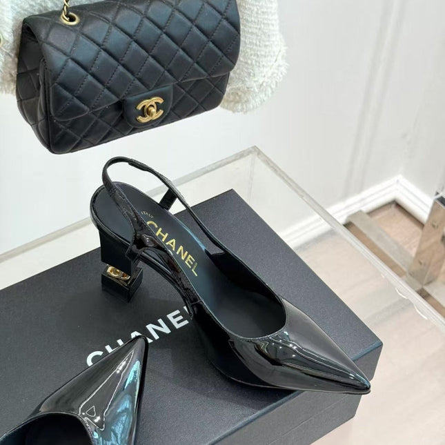CHANEL 26S SLINGBACK IN BLACK CALFSKIN PATENT WITH BLOCK HEEL