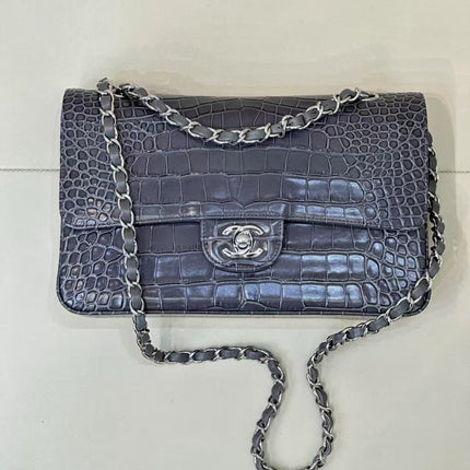 CHANEL 26S CLASSIC FLAP BAG IN DARK BLUE CROCODILE-EMBOSSED MATERIAL