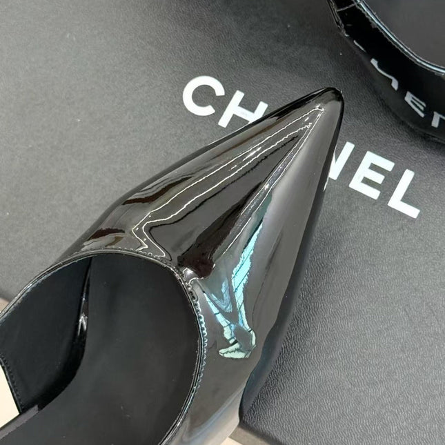 CHANEL 26S SLINGBACK IN BLACK CALFSKIN PATENT WITH BLOCK HEEL