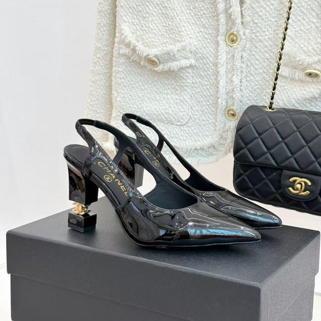 CHANEL 26S SLINGBACK IN BLACK CALFSKIN PATENT WITH BLOCK HEEL