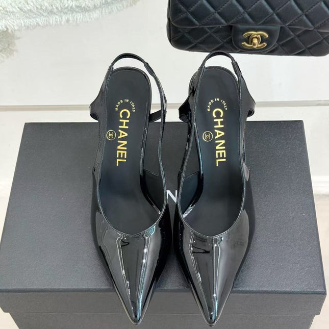 CHANEL 26S SLINGBACK IN BLACK CALFSKIN PATENT WITH BLOCK HEEL