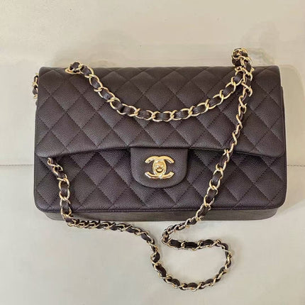 CC CLASSIC FLAP BAG 25 IN CHOCOLATE BROWN CALFSKIN GOLD HARDWARE