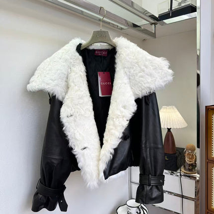 GUCCI LEATHER JACKET WITH WHITE SHEARLING