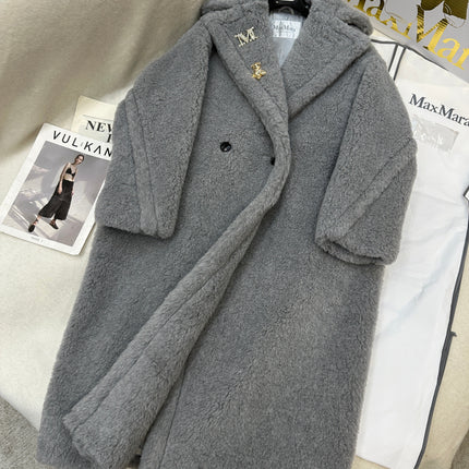 MAX MARA LONG COAT IN LIGHT GREY WOOL WITH CRYSTAL CHARM