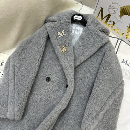 MAX MARA LONG COAT IN LIGHT GREY WOOL WITH CRYSTAL CHARM