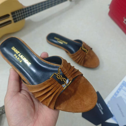 YSL BABYLONE SLIDES IN BROWN SUEDE GOLD HARDWARE