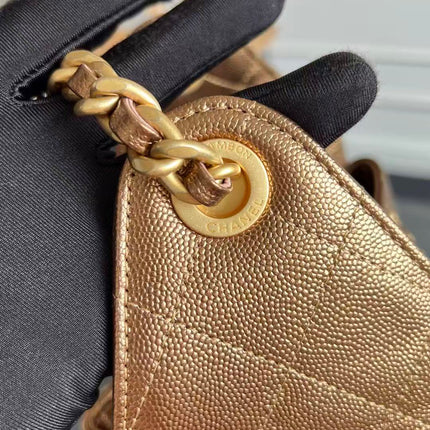 CHANEL 25S HOBO BAG 22 IN METALLIC GOLD ROSE CAVIAR GOLD HARDWARE