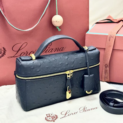 LORO PIANA 26S TOP HANDLE BAG IN BLACK OSTRICH LEATHER