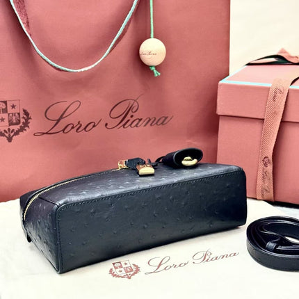 LORO PIANA 26S TOP HANDLE BAG IN BLACK OSTRICH LEATHER