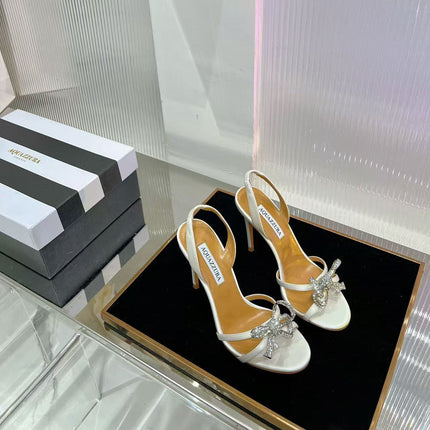 AQUAZZURA 26S CRYSTAL BOW SLINGBACK HIGH HEELS IN WHITE SATIN