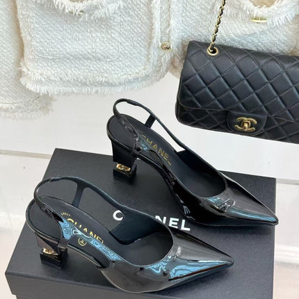 CHANEL 26S SLINGBACK IN BLACK CALFSKIN PATENT WITH BLOCK HEEL