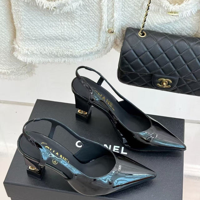 CHANEL 26S SLINGBACK IN BLACK CALFSKIN PATENT WITH BLOCK HEEL