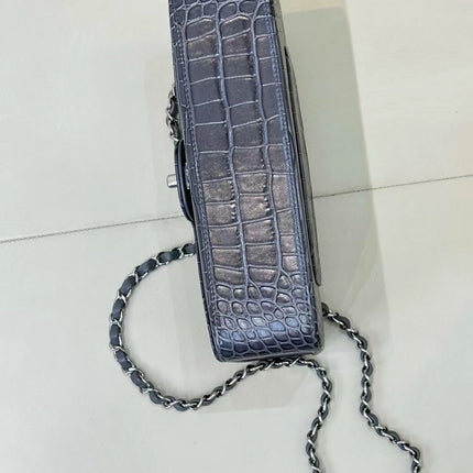 CHANEL 26S CLASSIC FLAP BAG IN DARK BLUE CROCODILE-EMBOSSED MATERIAL