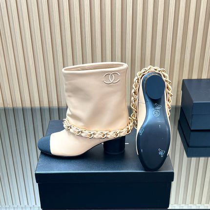 CHANEL 25S LOW BOOTS 65MM IN BEIGE CALFSKIN GOLD HARDWARE