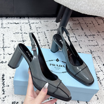PRADA 26S SLINGBACK PUMPS 70MM IN STEEL GRAY PATENT CALFSKIN