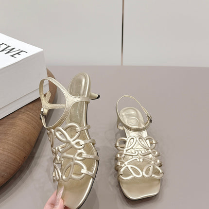 LOEWE 26S SQUARE TOE HEEL SANDALS 50MM IN GOLD CALFSKIN LOGO