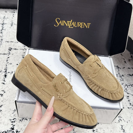 YSL 26S LOAFERS IN DARK BEIGE SUEDE WITH HORIZONTAL STRAP