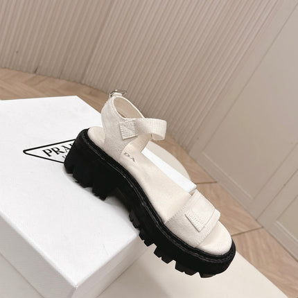 PRADA 26S SINGLE STRAP CHUNKY SOLE SANDALS IN WHITE CANVAS