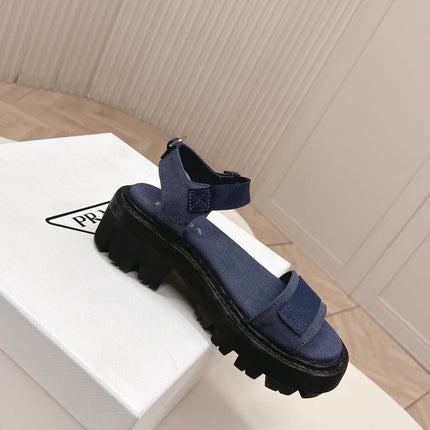 PRADA 26S SINGLE STRAP CHUNKY SOLE SANDALS IN NAVY BLUE CANVAS
