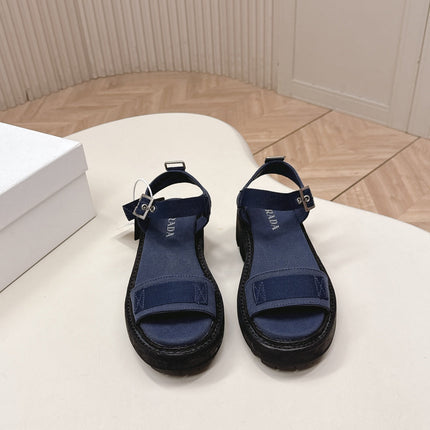 PRADA 26S SINGLE STRAP CHUNKY SOLE SANDALS IN NAVY BLUE CANVAS