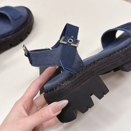 PRADA 26S SINGLE STRAP CHUNKY SOLE SANDALS IN NAVY BLUE CANVAS